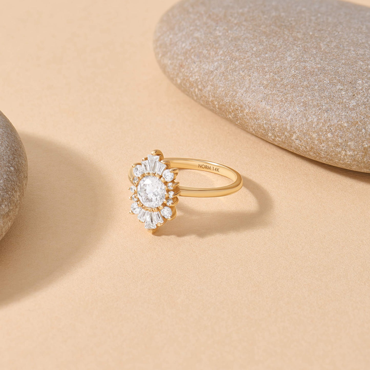 Sunburst Halo Tapered Baguette Ring in Gold