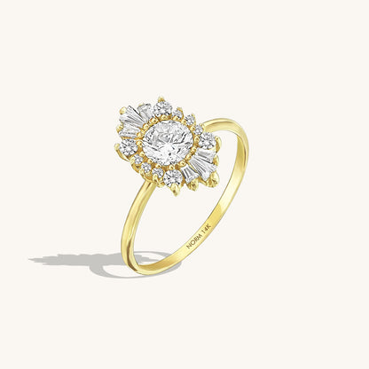 Sunburst Halo Tapered Baguette Ring in Gold