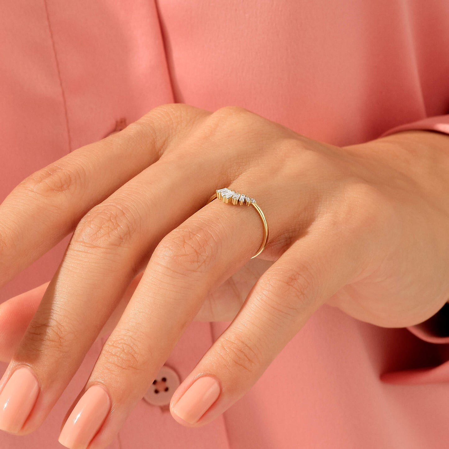 Sunburst Tapered Baguette Curved Ring in Gold