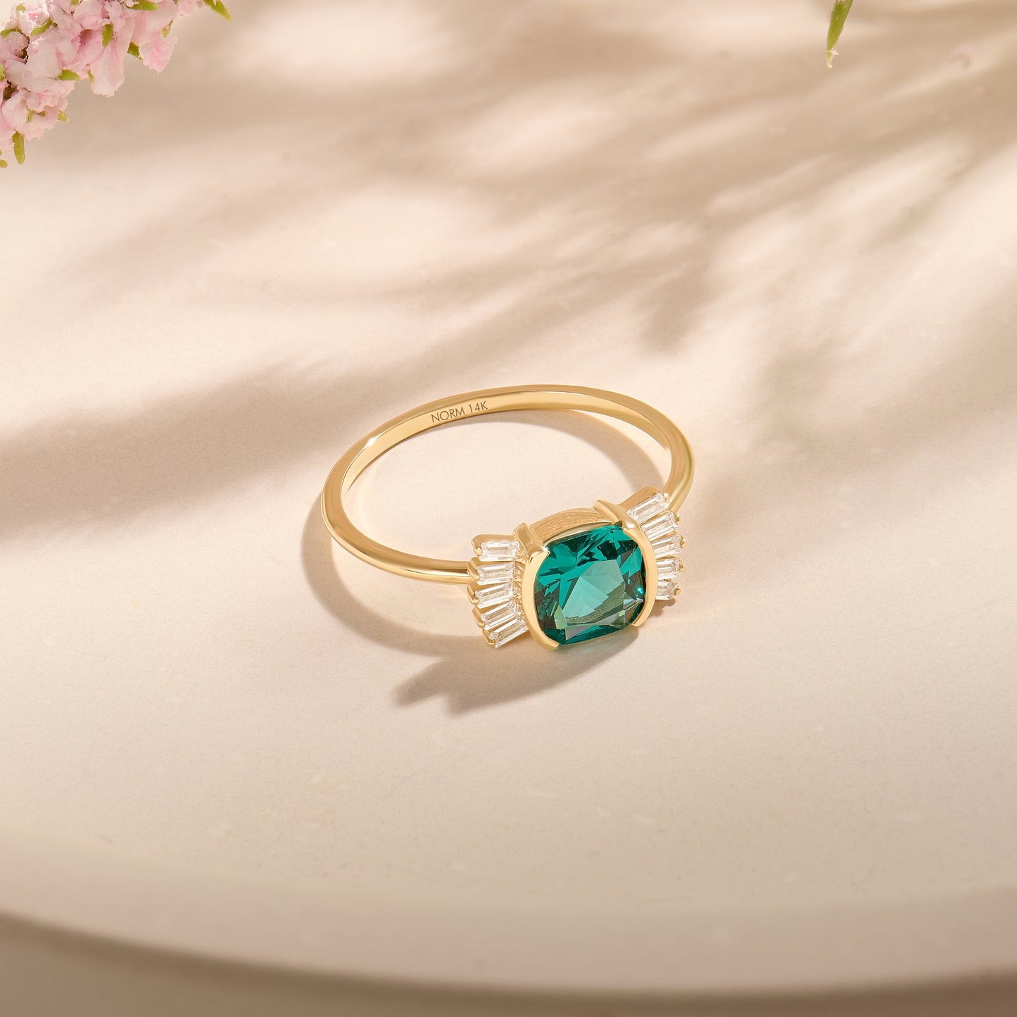 Vintage Cushion Arctic Green Engagement Ring in Gold