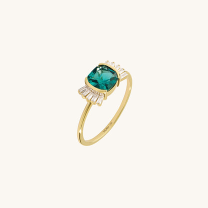 Vintage Cushion Arctic Green Engagement Ring in Gold