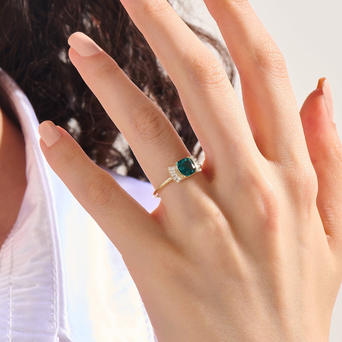 Vintage Cushion Arctic Green Engagement Ring in Gold