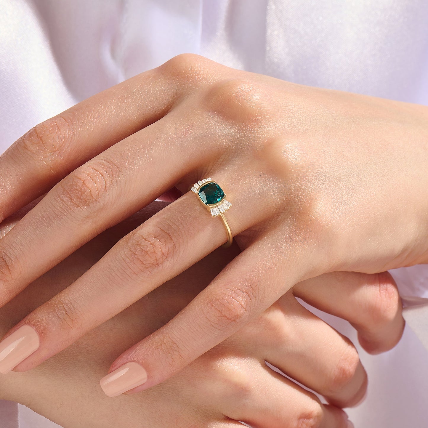 Vintage Cushion Arctic Green Engagement Ring in Gold