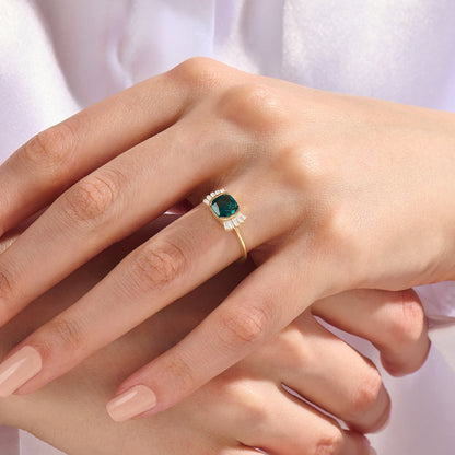 Vintage Cushion Arctic Green Engagement Ring in Gold