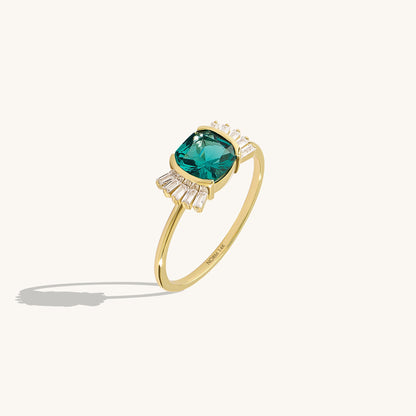 Vintage Cushion Arctic Green Engagement Ring in Gold