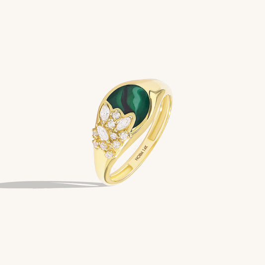 Green Enamel Blossom Signet Ring in Gold