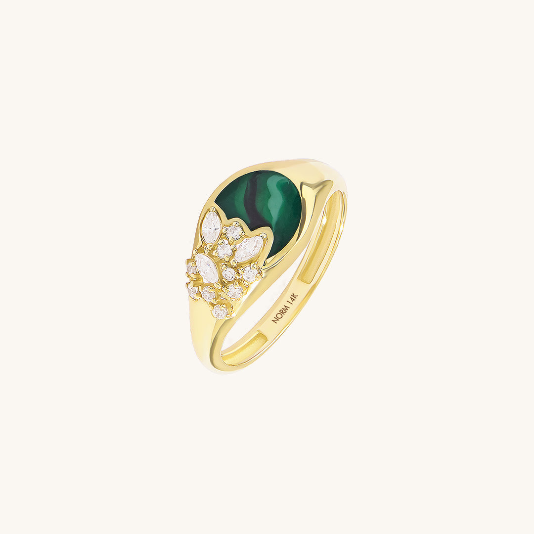 Green Enamel Blossom Signet Ring in Gold