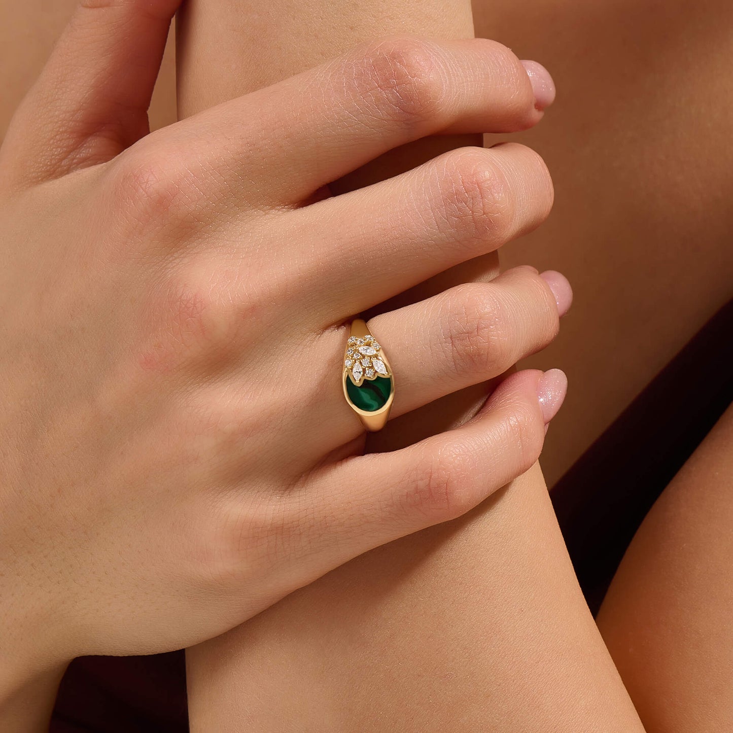 Green Enamel Blossom Signet Ring in Gold