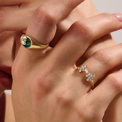 Green Enamel Blossom Signet Ring in Gold