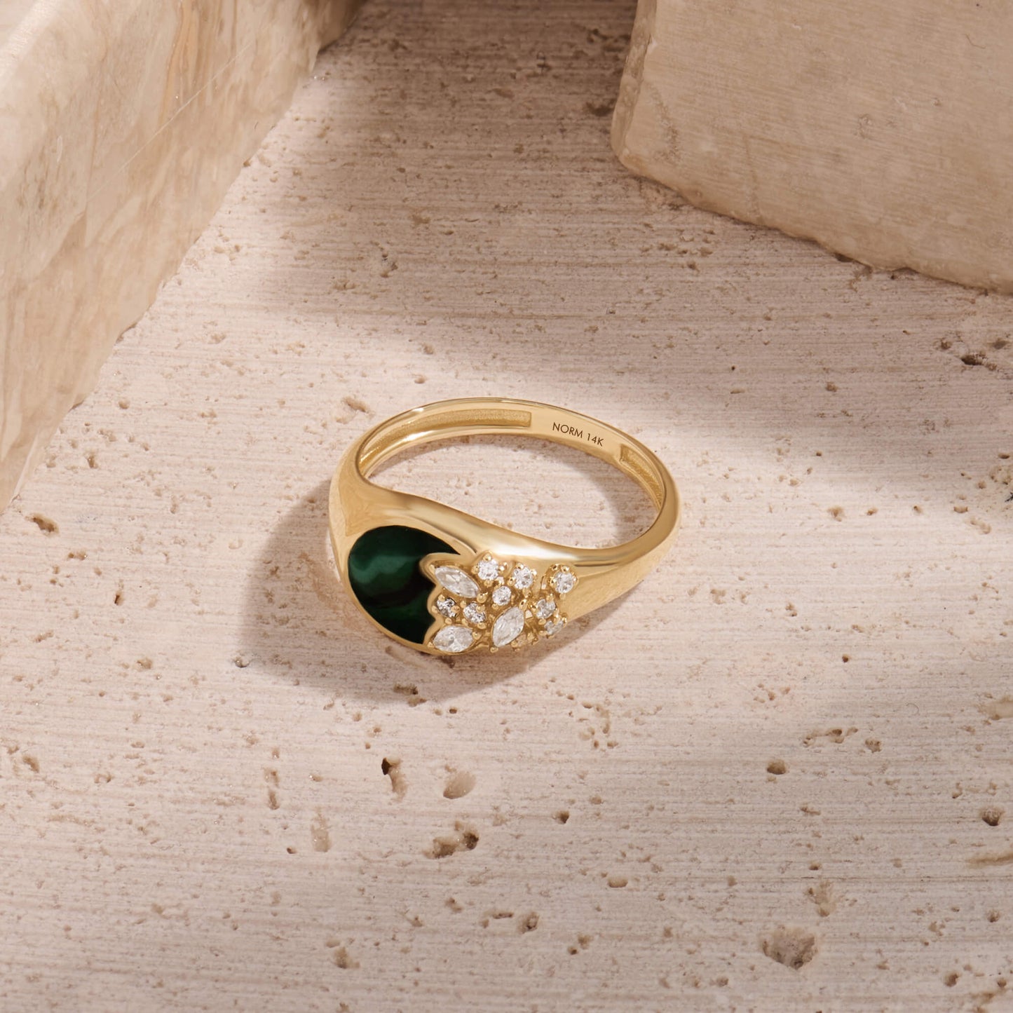 Green Enamel Blossom Signet Ring in Gold