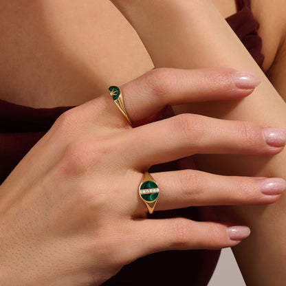 Green Enamel Pave Line Signet Ring in Gold