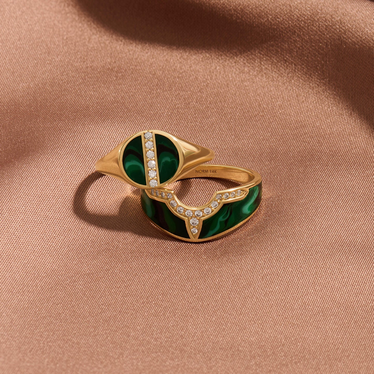 Green Enamel Pave Line Signet Ring in Gold