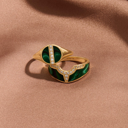Green Enamel Pave Line Signet Ring in Gold