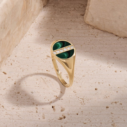 Green Enamel Pave Line Signet Ring in Gold