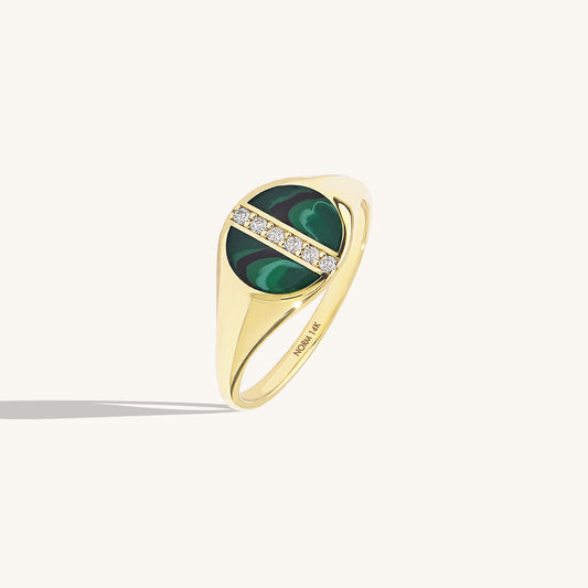 Green Enamel Pave Line Signet Ring in Gold