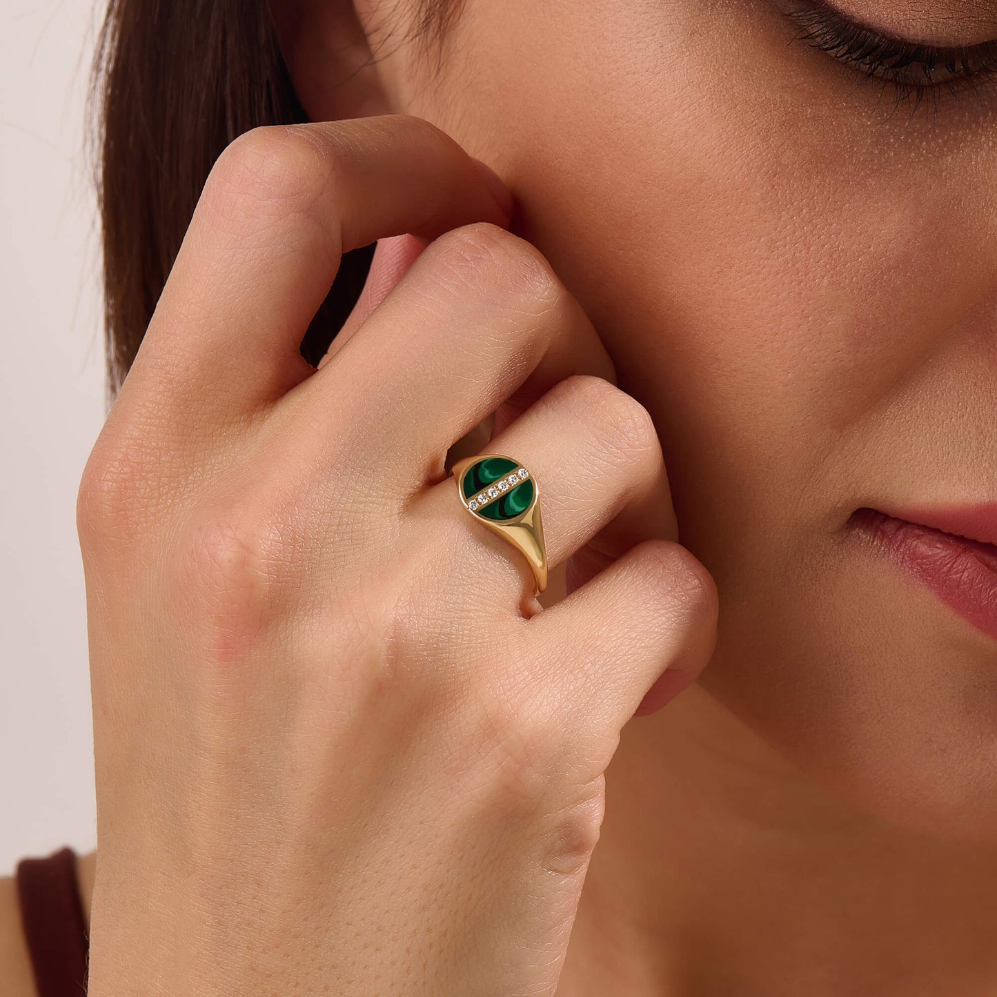 Green Enamel Pave Line Signet Ring in Gold