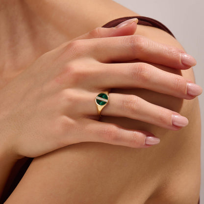 Green Enamel Pave Line Signet Ring in Gold