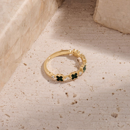 Green Enamel Lucky Shamrock Band Ring in Gold