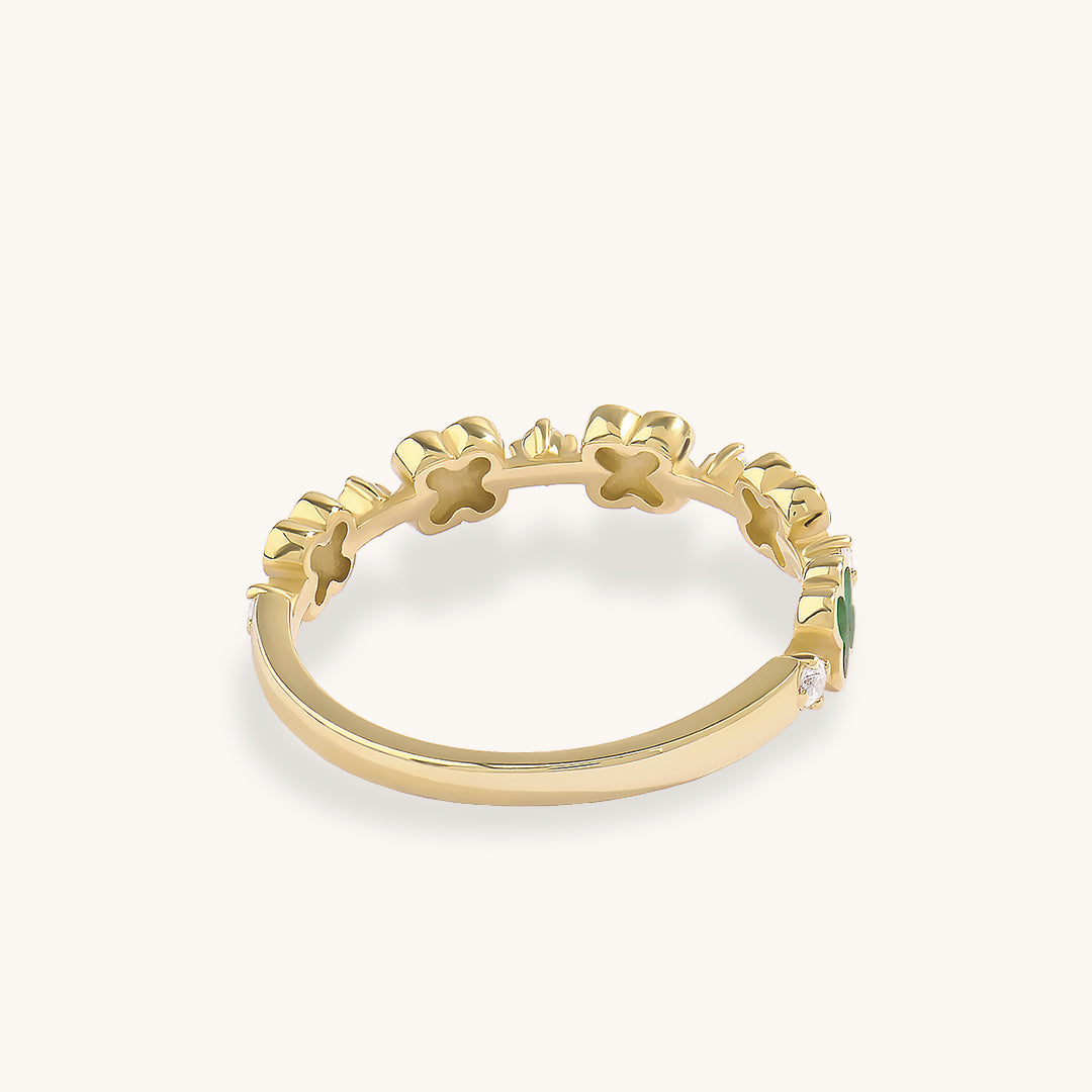 Green Enamel Lucky Shamrock Band Ring in Gold