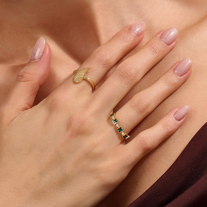 Green Enamel Lucky Shamrock Band Ring in Gold